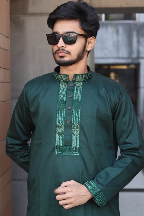 Premium Embroidered Satin Cotton Panjabi - Green Color.PNJ-GRN-004 - Image 2