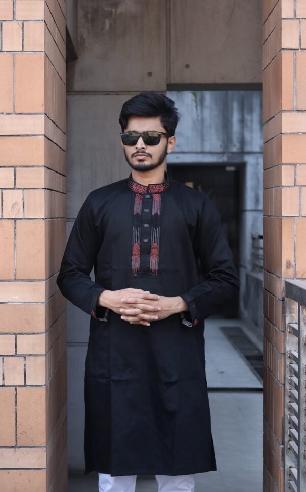 Premium Embroidered Satin Cotton Panjabi -Black Color.PNJ-BlK-003