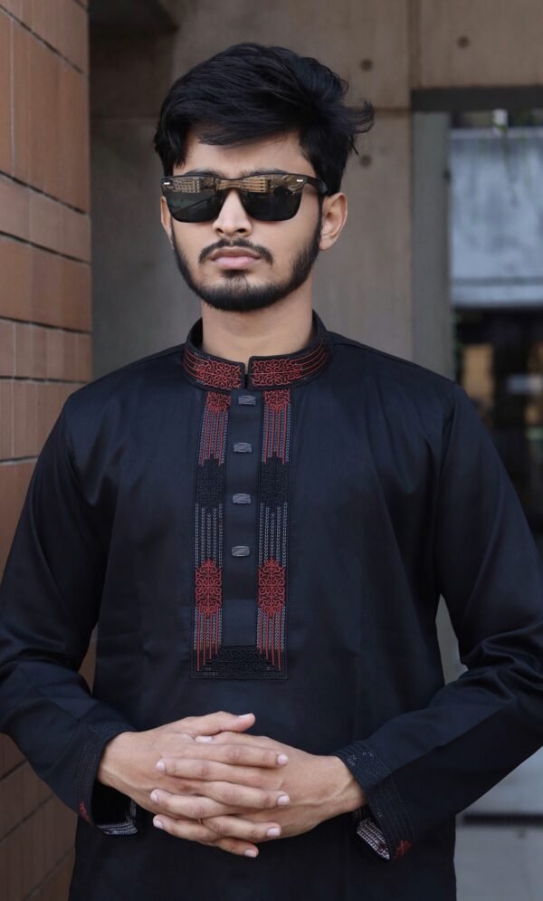 Premium Embroidered Satin Cotton Panjabi -Black Color.PNJ-BlK-003 - Image 2