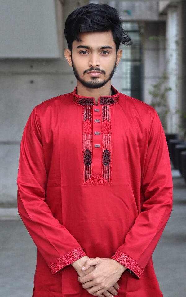 Premium Embroidered Satin Cotton Panjabi - Maroon Color.PNJ-MRN-001 - Image 2