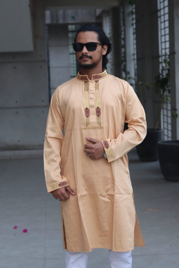 Premium Embroidered Satin Cotton Panjabi - Biscuit Color. PNJ-BSKT-007
