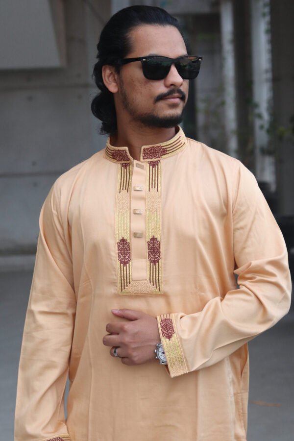 Premium Embroidered Satin Cotton Panjabi - Biscuit Color. PNJ-BSKT-007 - Image 2