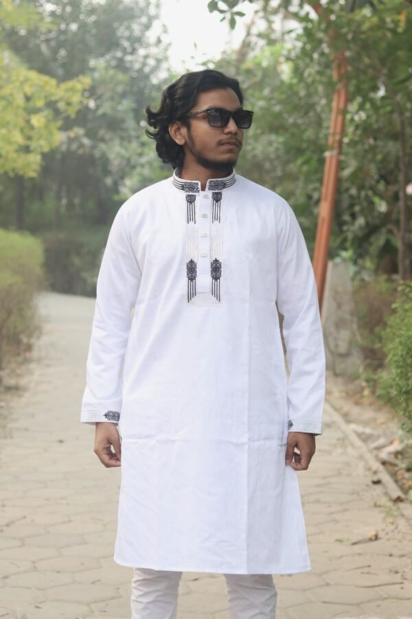 Premium Embroidered Satin Cotton Panjabi -White Color.PNJ-WHE-002
