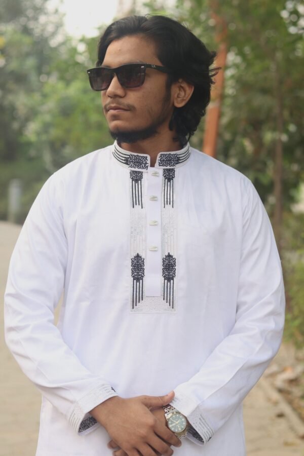 Premium Embroidered Satin Cotton Panjabi -White Color.PNJ-WHE-002 - Image 2