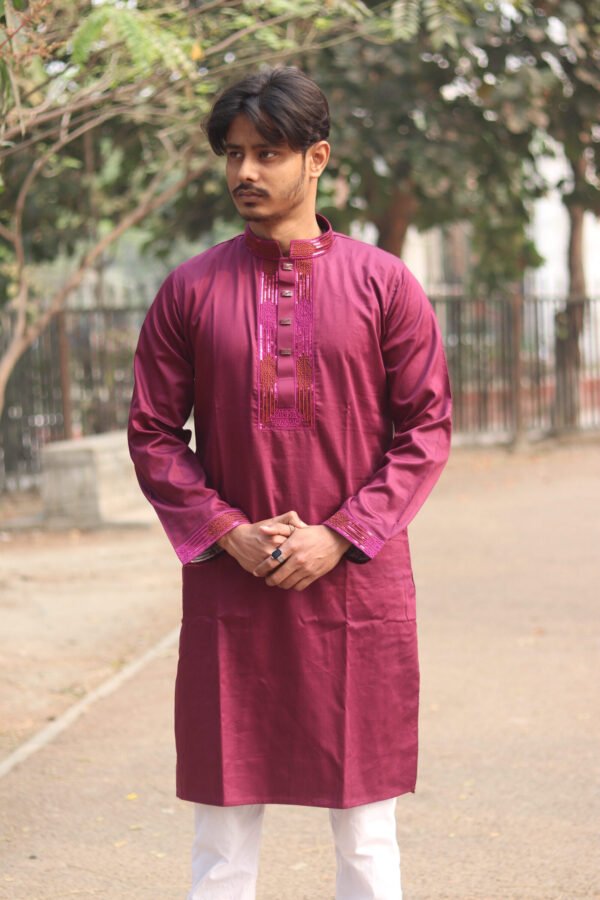 Premium Embroidered Satin Cotton Panjabi - Purple Color.PNJ-PRPL-005