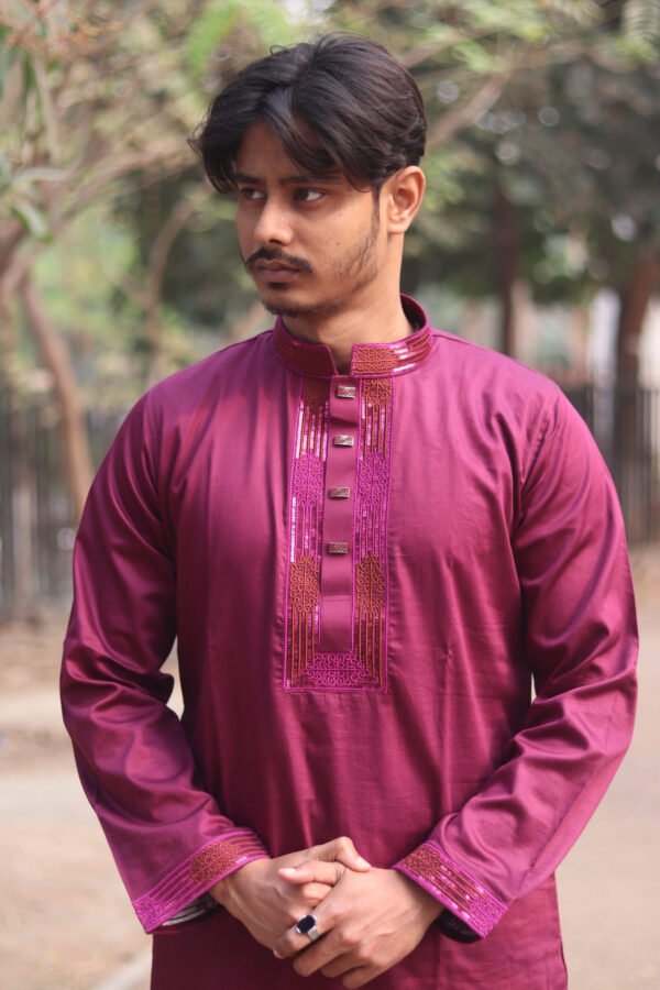 Premium Embroidered Satin Cotton Panjabi - Purple Color.PNJ-PRPL-005 - Image 2